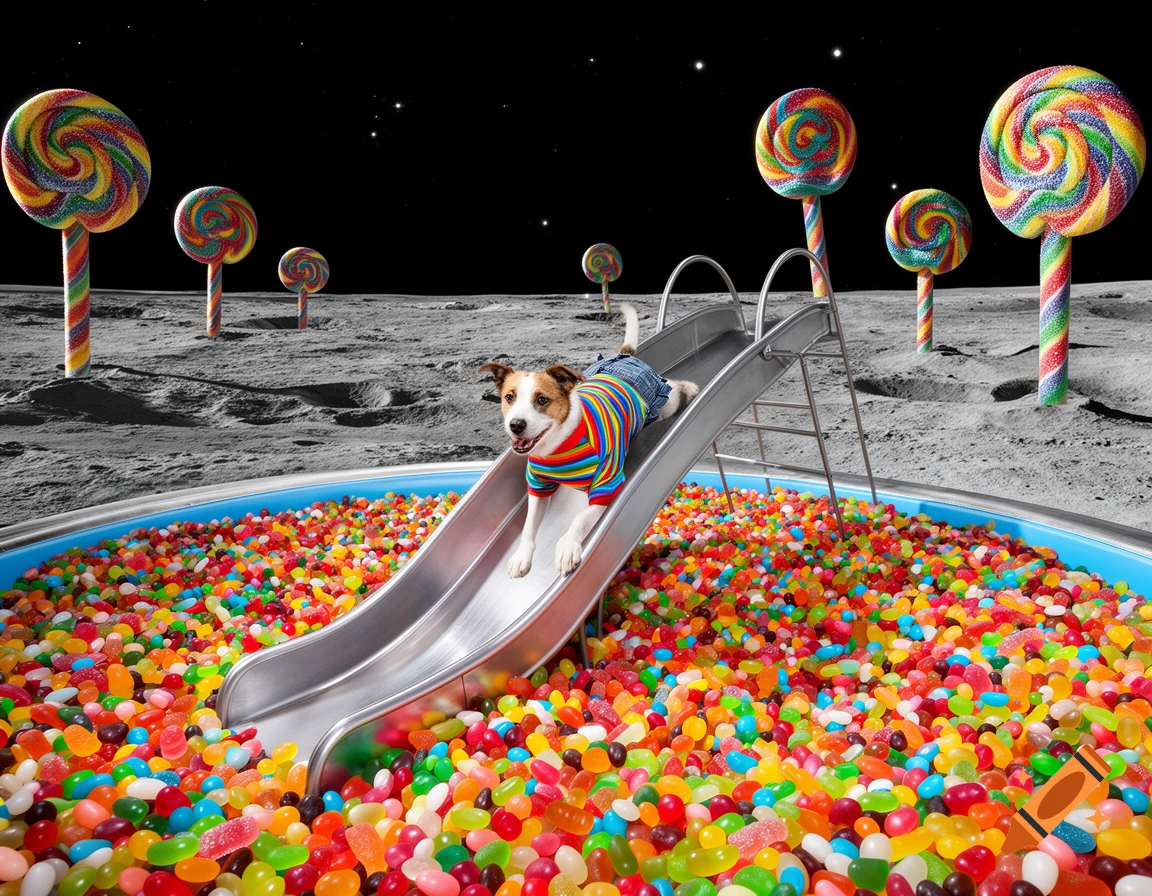 A dog in a rainbow shirt slides into a pool of colorful jelly beans on the moon, surrounded by giant lollipops.