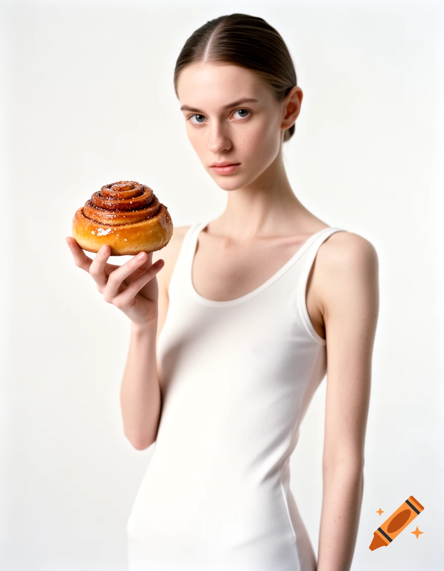 A slender young woman in a white tank top holds a glistening cinnamon bun, looking at the viewer.