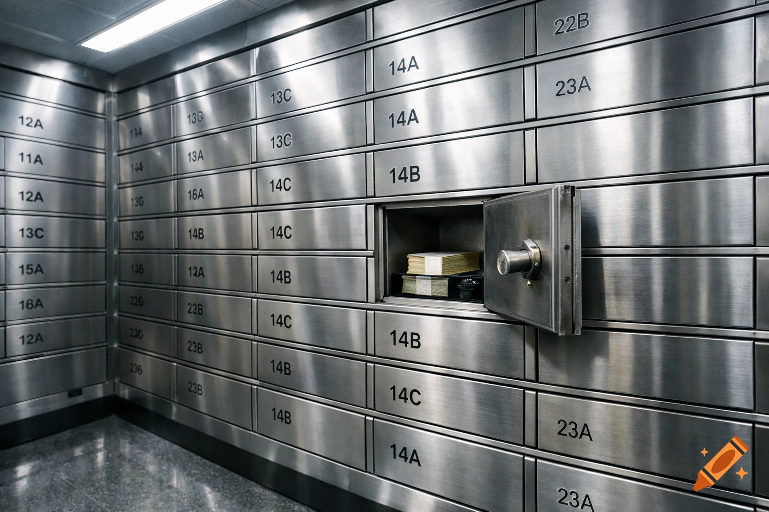 Interior of a bank vault with rows of metallic safety deposit boxes; one box is open, showing stacks of cash inside.