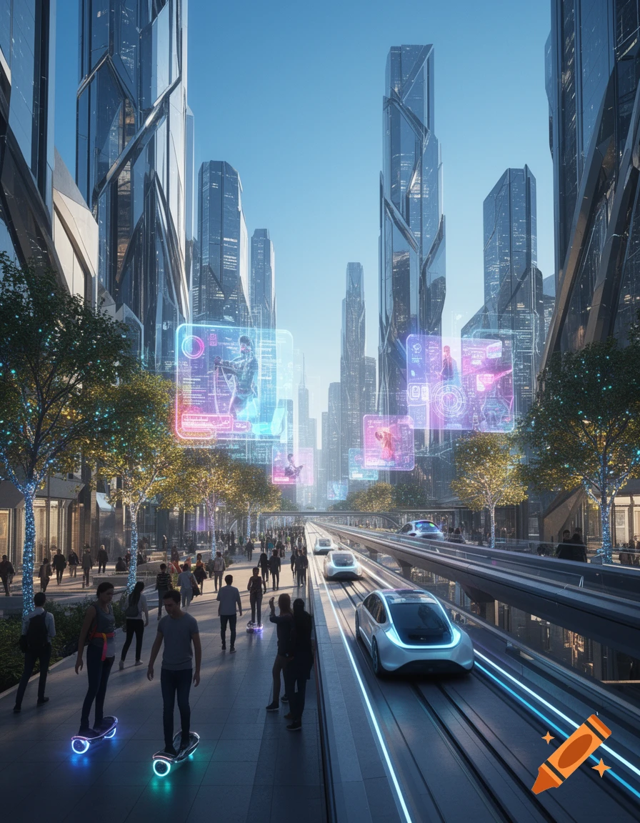 A futuristic city street with towering skyscrapers, people on glowing hoverboards, and sleek self-driving cars on elevated tracks, all under a clear blue sky.