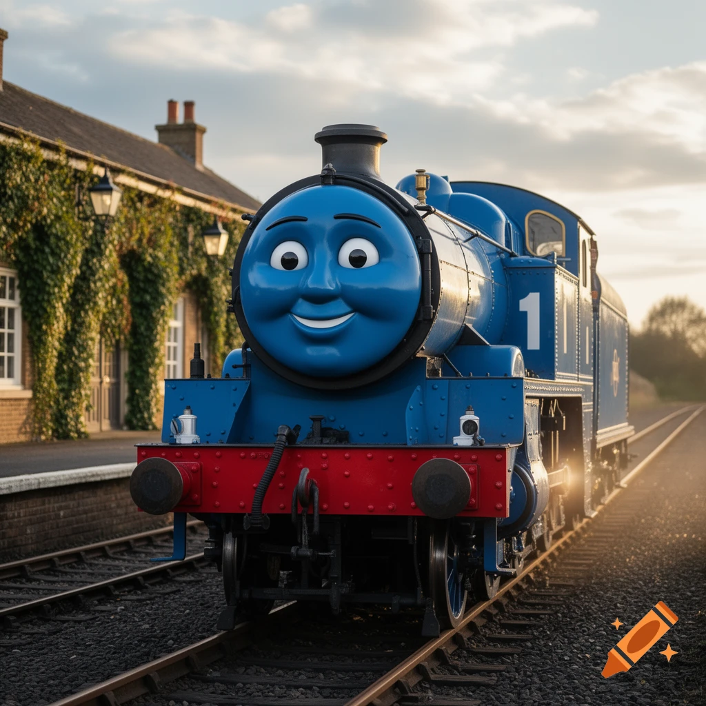 A photorealistic blue cartoon train with a smiling face and the number "1" on its side, stands on railway tracks in front of a building at sunset.