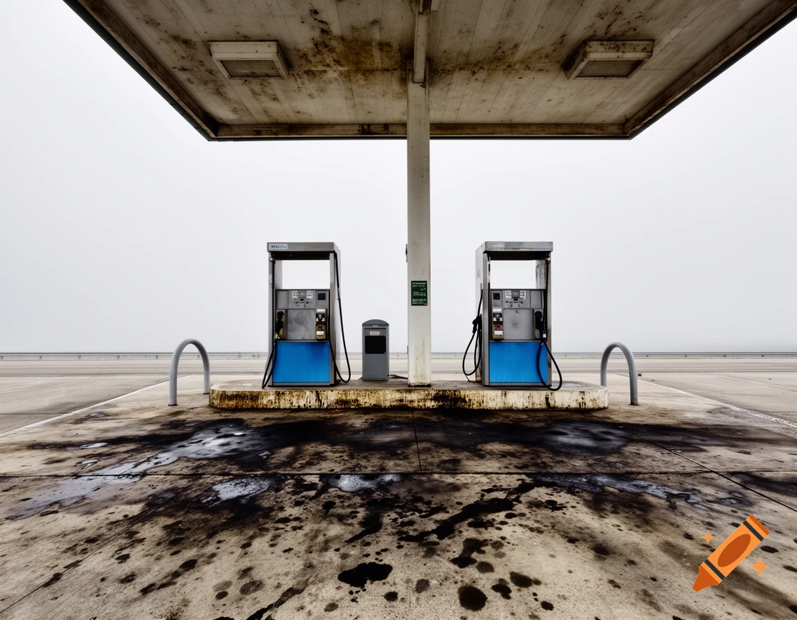 Two blue fuel pumps on a heavily stained concrete pad under a canopy at an abandoned gas station on an overcast day.