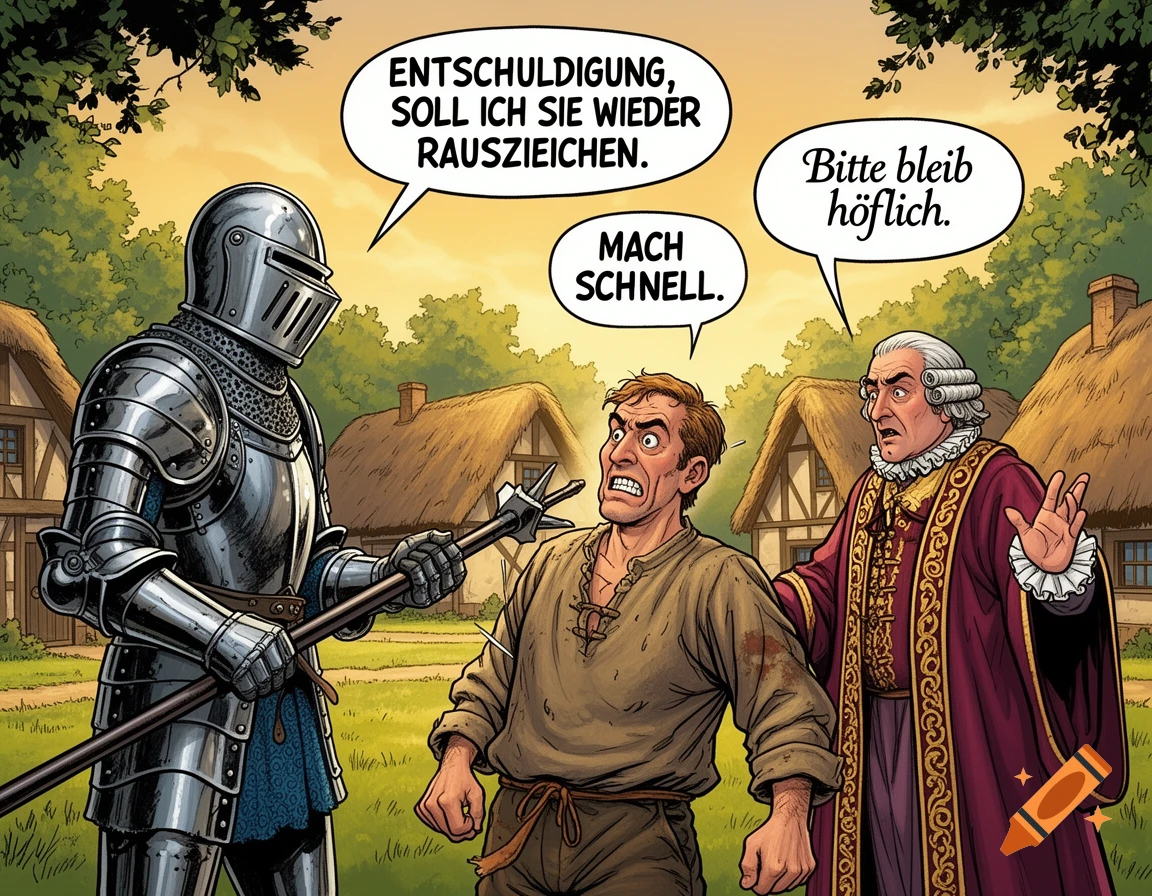 A comic-style illustration of a knight holding a spear to a peasant's stomach, as a councilman intervenes in a village setting.