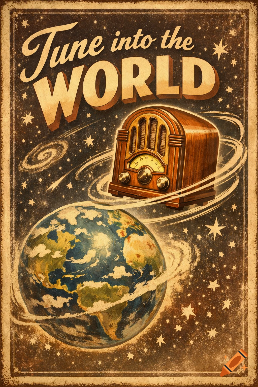A vintage 1940s-style poster showing a wooden radio orbiting Earth in a starry sky, with the text 'Tune into the WORLD'.