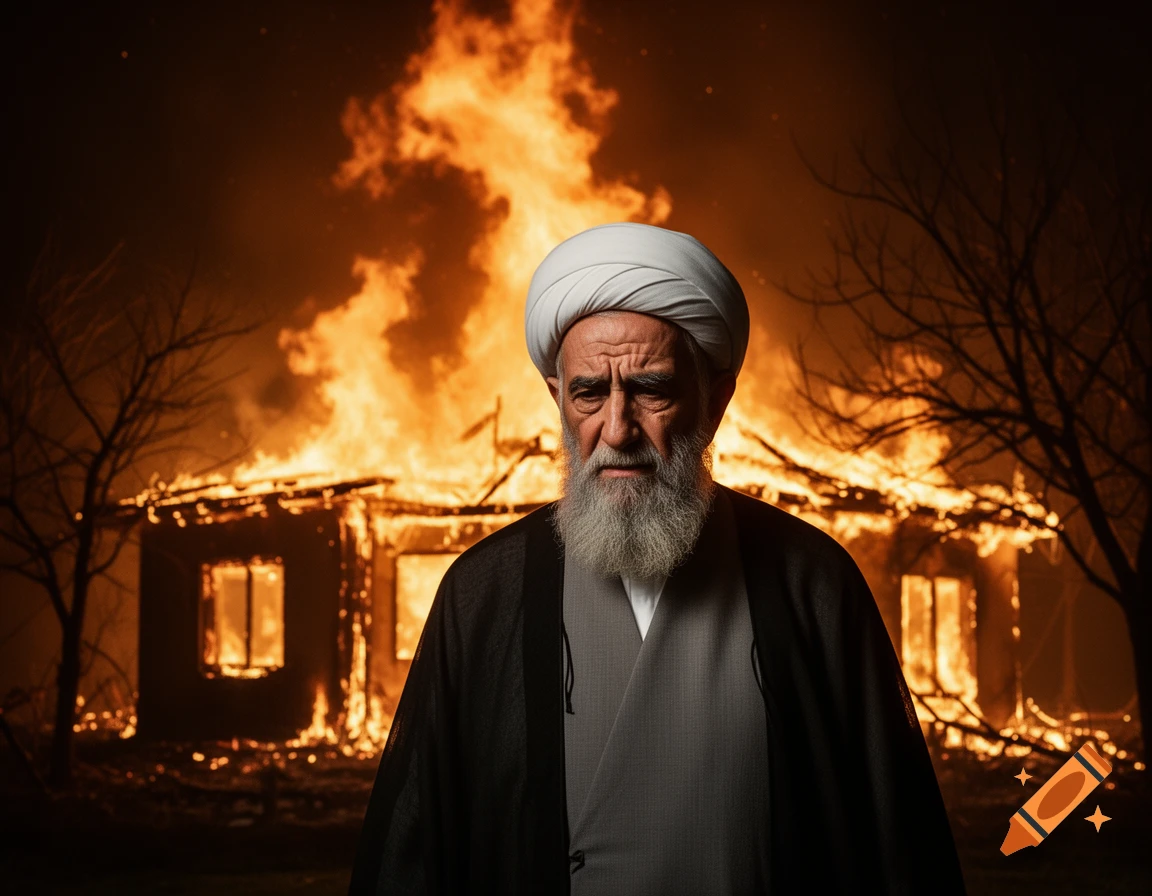 A solemn Ayatollah with a white turban and long white beard stands in front of a house engulfed in flames at night.