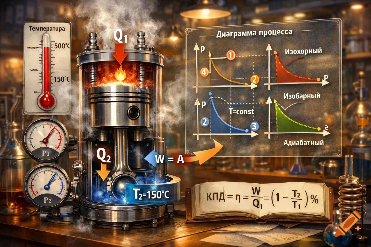 A detailed, realistic 3D educational illustration of a heat engine with a piston, gauges, a thermometer, and overlaying transparent diagrams and formulas about thermodynamic processes, all with Russian labels.