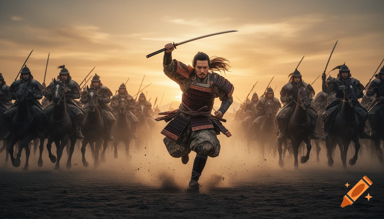 A lone samurai charges forward with a katana raised, against a background of mounted warriors and a golden sunset. Photorealistic.