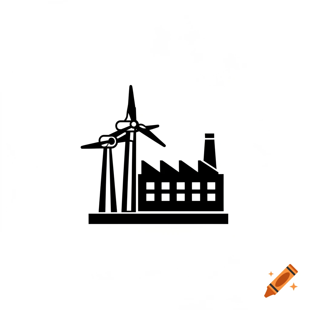 A minimalist black and white icon showing a factory building with a smokestack next to two wind turbines.