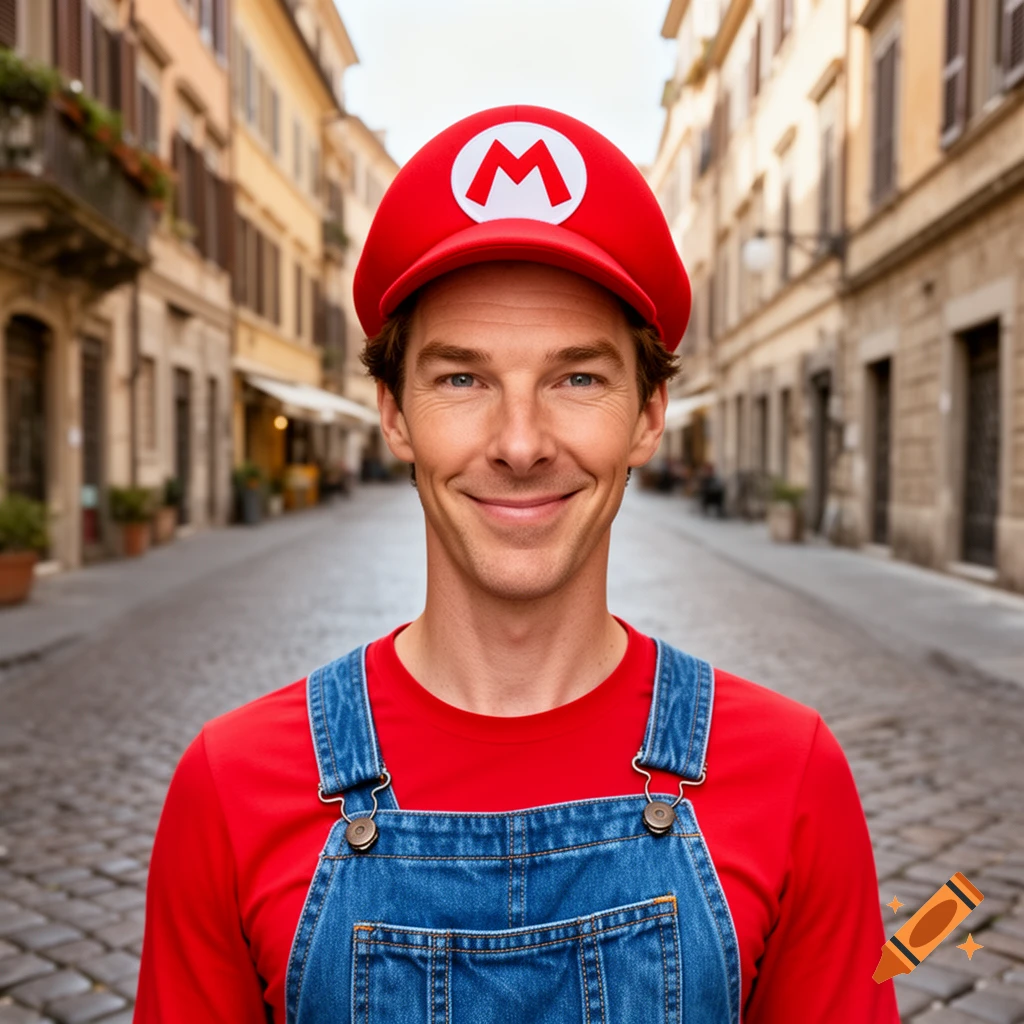 Benedict Cumberbatch smiles as Mario, wearing a red cap with an 'M' and denim overalls on a European cobblestone street.