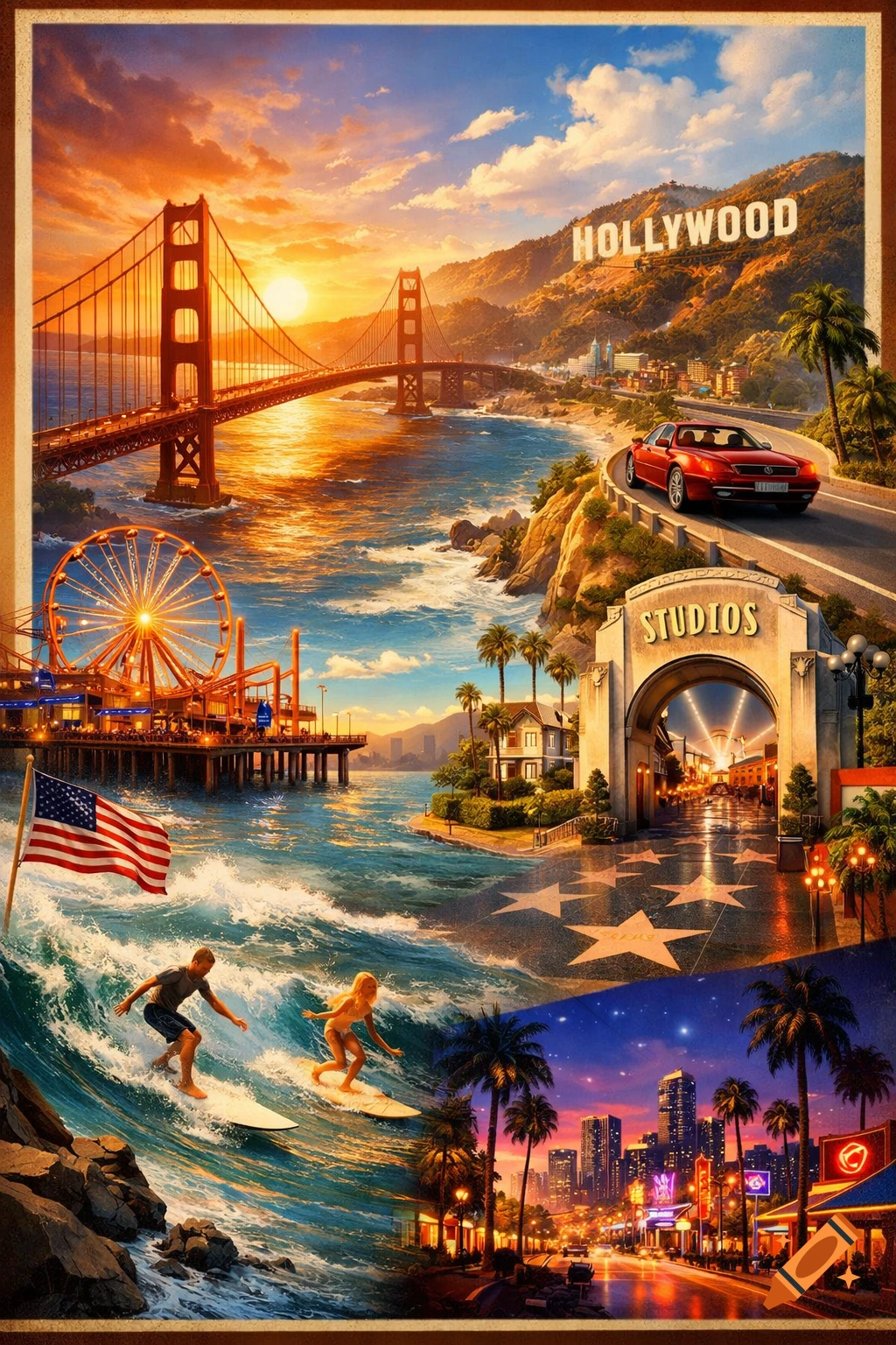 Vibrant collage of US West Coast landmarks including Golden Gate Bridge, Hollywood Sign, Santa Monica Pier, surfers, and a city skyline.