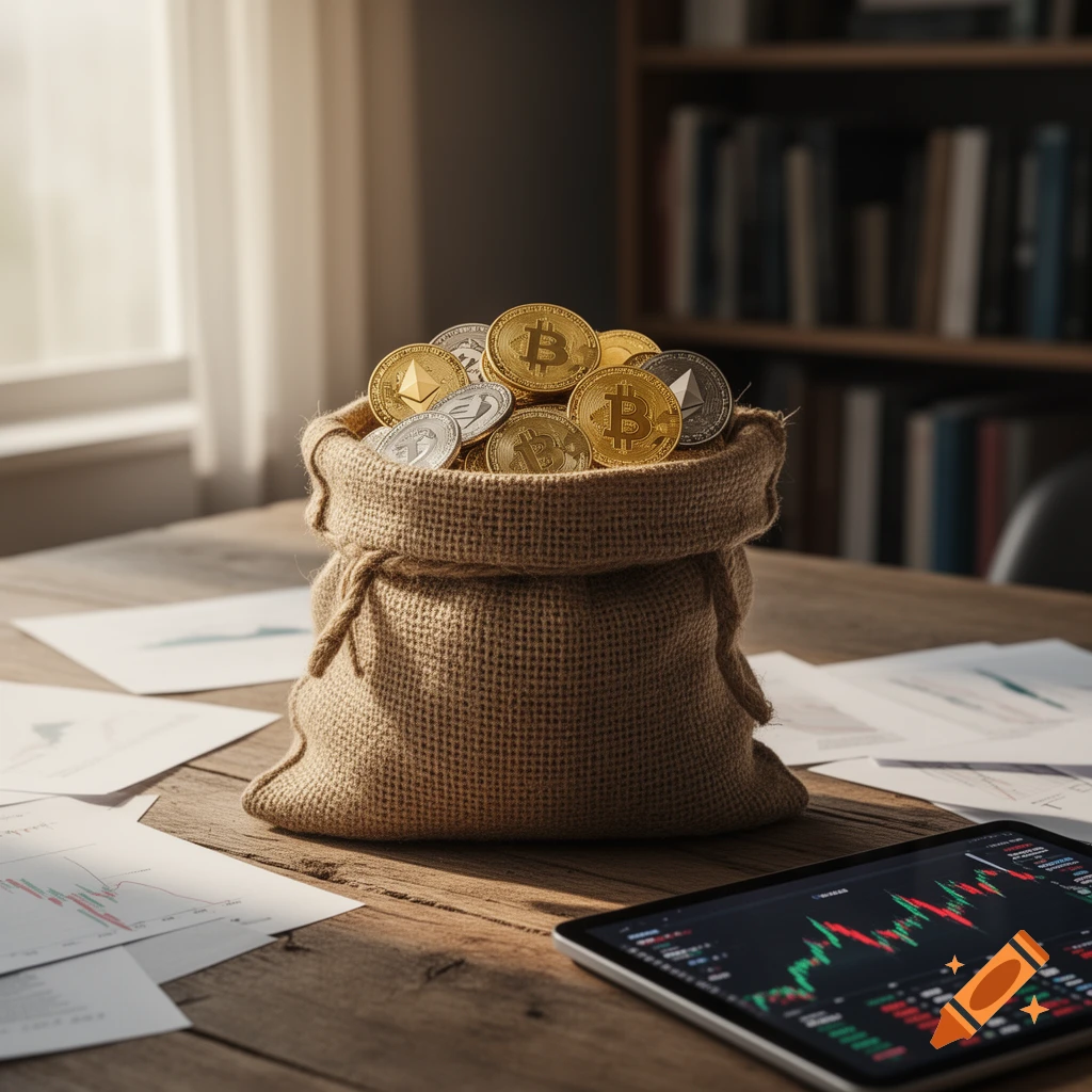 A burlap bag overflowing with gold and silver cryptocurrency coins, like Bitcoin and Ethereum, sits on a wooden desk next to a tablet showing a stock chart and papers.