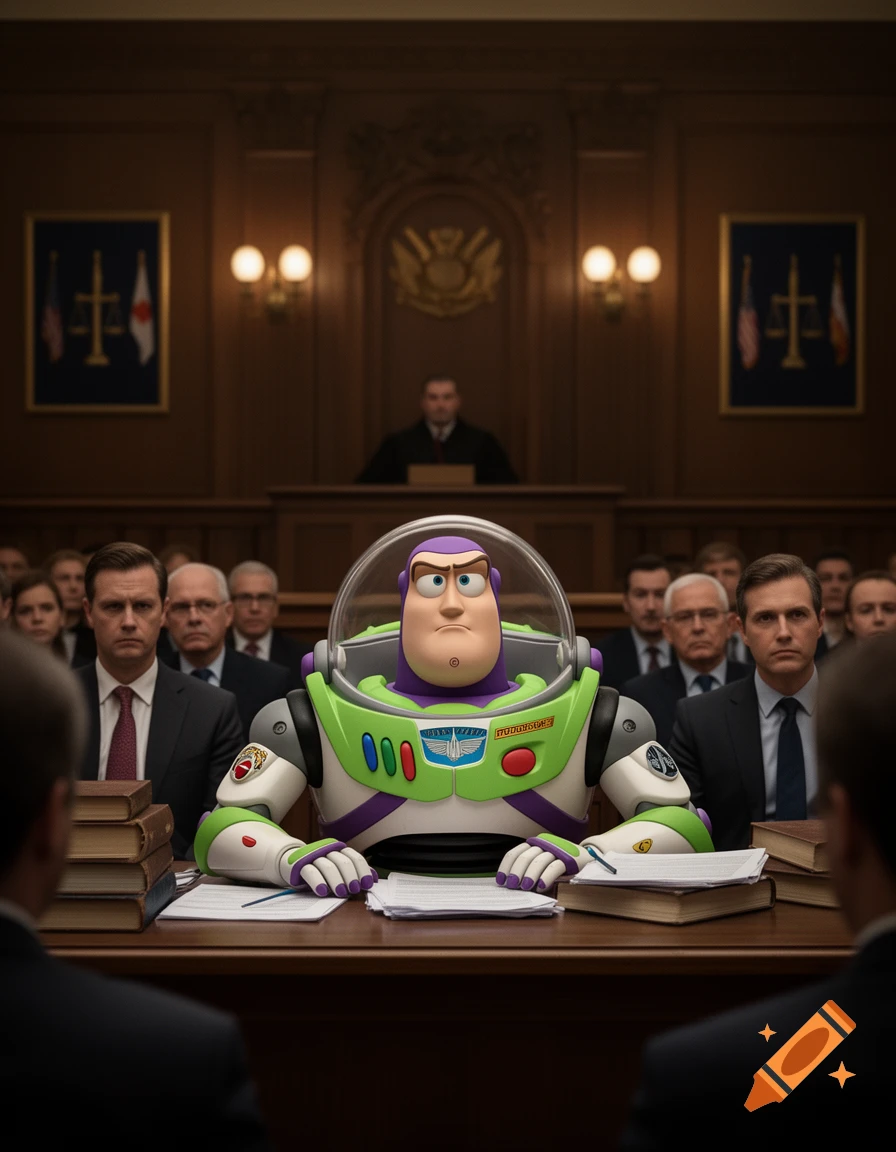 Buzz Lightyear sits at a defendant's table in a photorealistic courtroom, surrounded by human lawyers and observers, with a judge in the background.