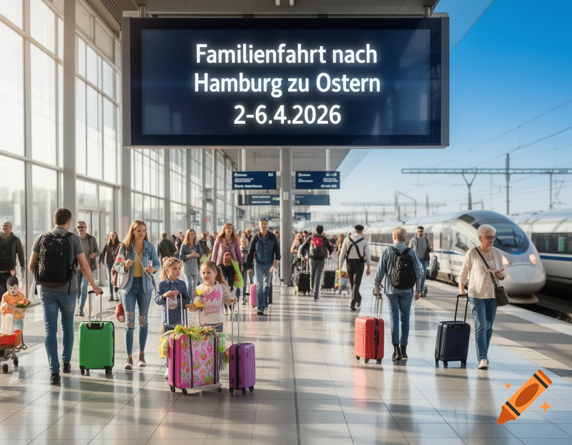 A bustling train station platform with various travelers, some with luggage, and a train waiting in the background. A large display board shows "Familienfahrt nach Hamburg zu Ostern 2-6.4.2026".