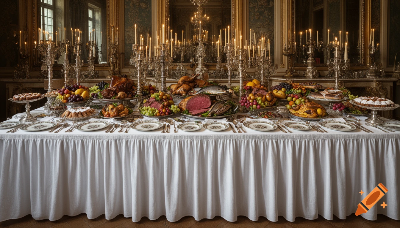 An opulent, old-fashioned dining table set with a white tablecloth, laden with roasted meats, fish, fruits, desserts, and lit candelabras.