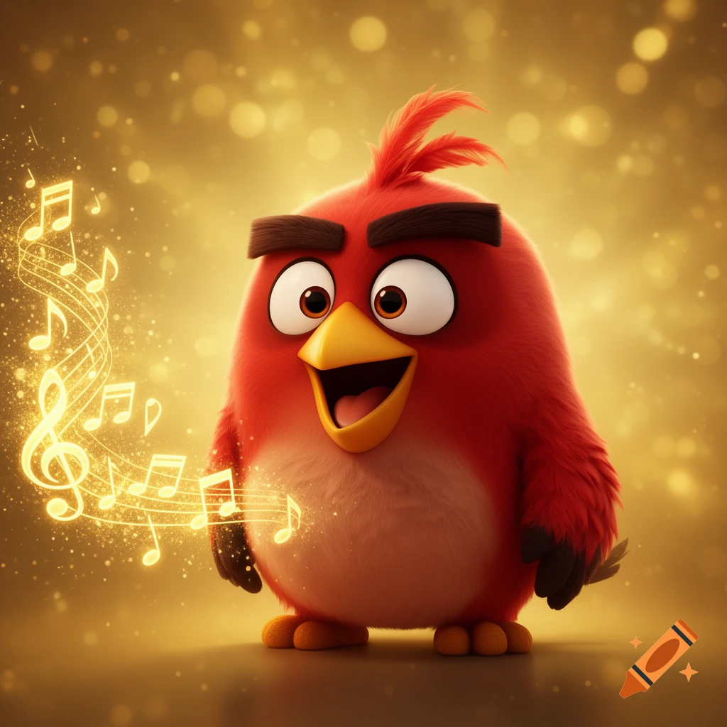 A fluffy red Angry Bird character, Red, with a wide smile, surrounded by glowing golden musical notes and bokeh lights.