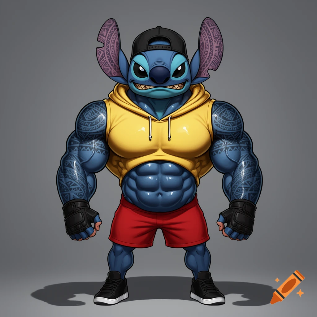 Muscular Stitch with tattoos, wearing a yellow hoodie, red shorts, and a backward cap.