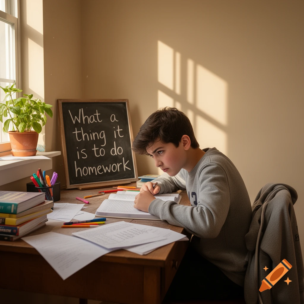 A young boy with dark hair sits at a sunlit wooden desk, looking intently at an open book while doing homework. A chalkboard behind him reads "What a thing it is to do homework".