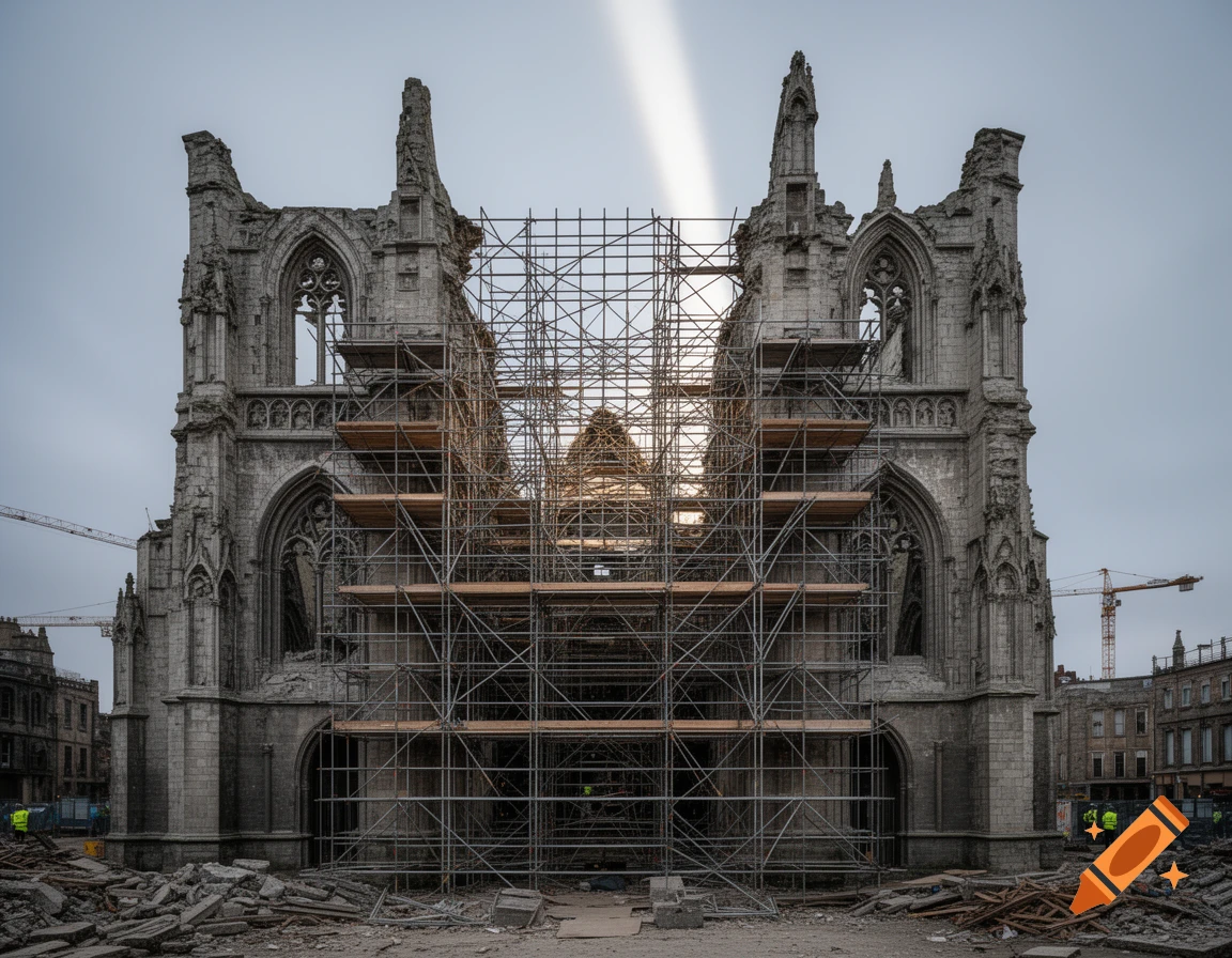 A ruined stone cathedral with extensive scaffolding under a grey sky, illuminated by an oblique white light ray.
