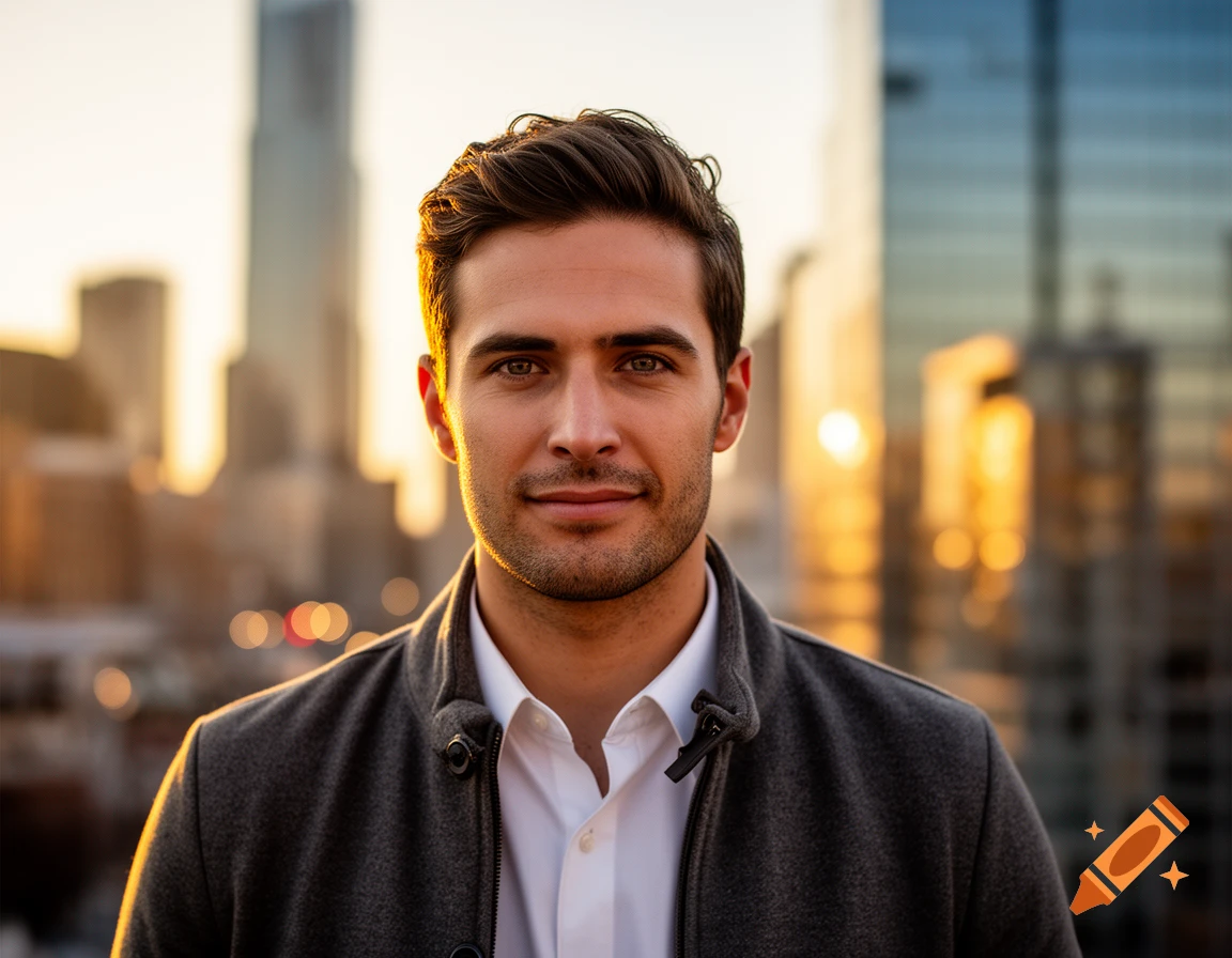 A photorealistic portrait of a man with dark hair, smiling slightly against a blurred city skyline at sunset.