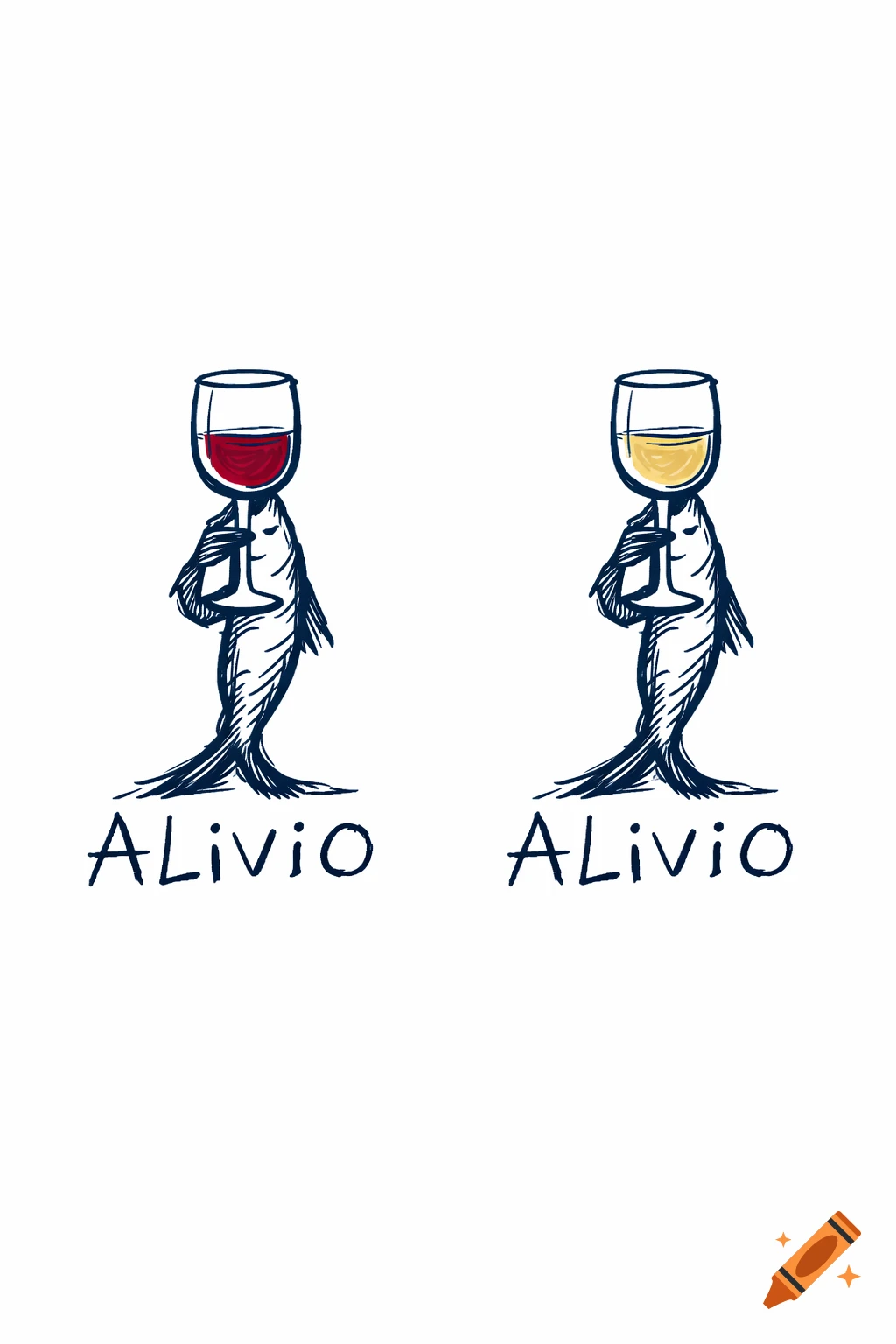 Two navy blue sketchy sardine figures, each with a wine glass as its head. One glass holds red wine, the other white. Below each is "ALIVIO" in a hand-drawn style.