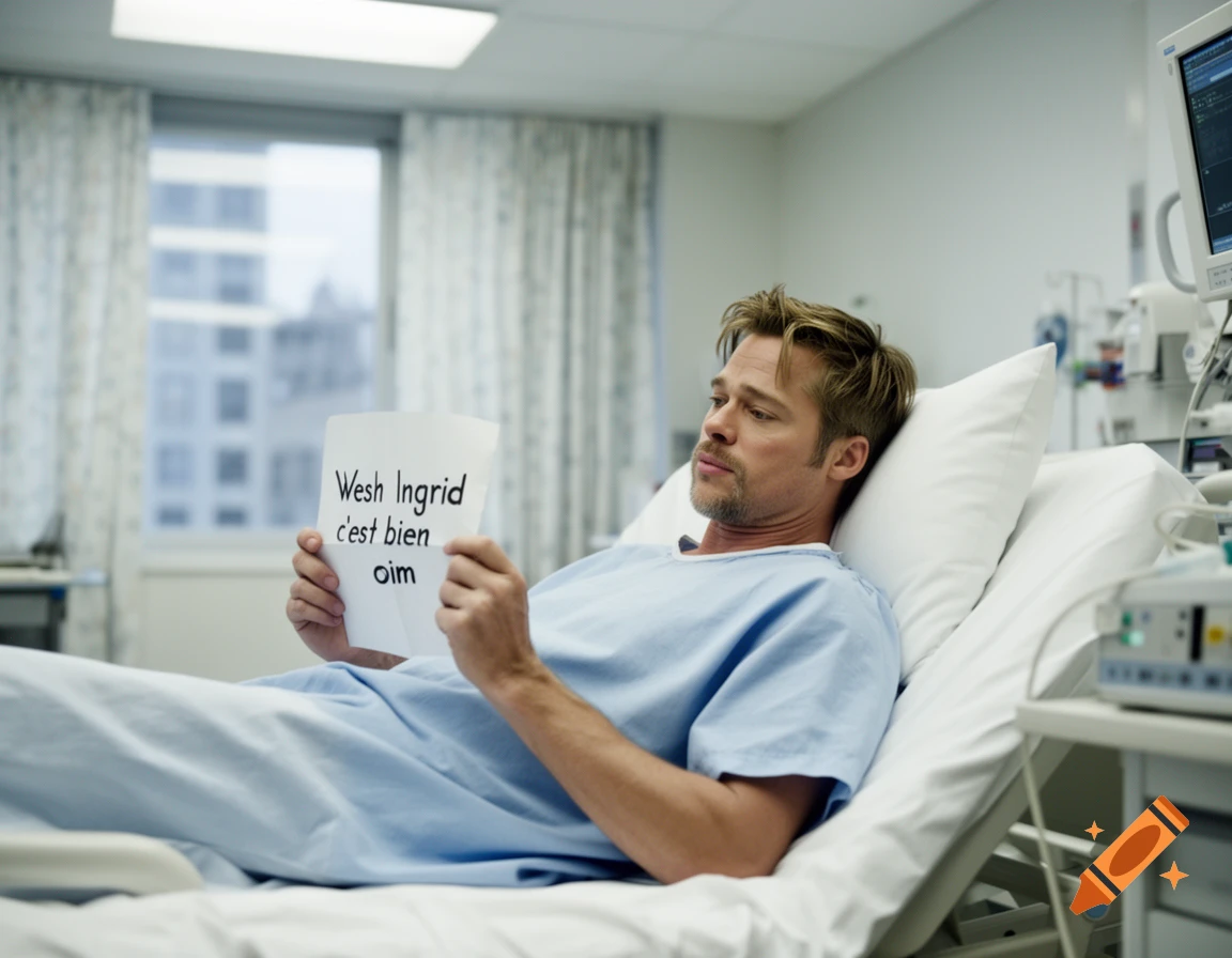 A photorealistic image of Brad Pitt lying in a hospital bed, holding a paper with "Wesh Ingrid c'est bien oim" written on it.