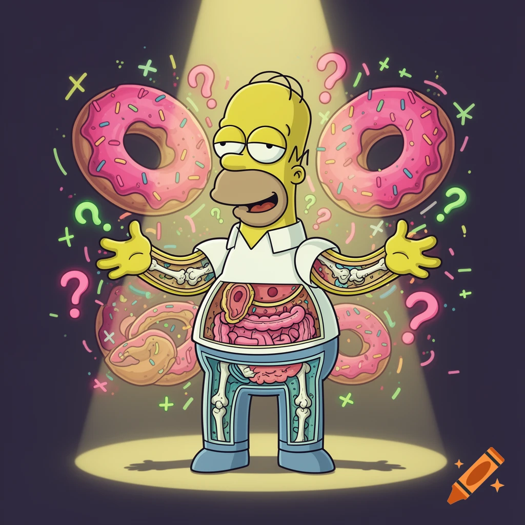 Cartoon Homer Simpson with visible internal organs and skeleton, surrounded by floating donuts and question marks.
