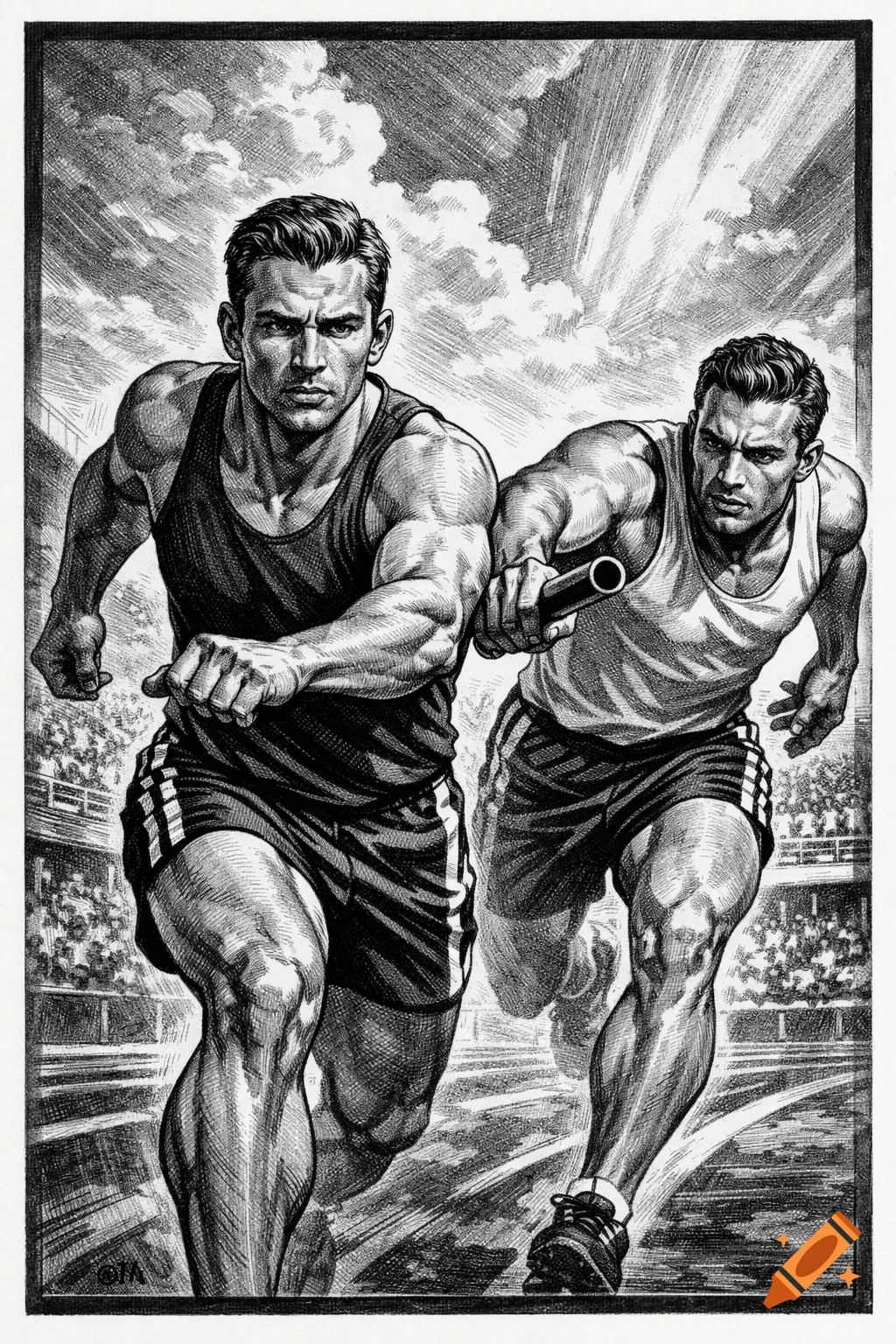 Two muscular male runners in a relay race, one passing a baton, in a dramatic black and white illustration style.