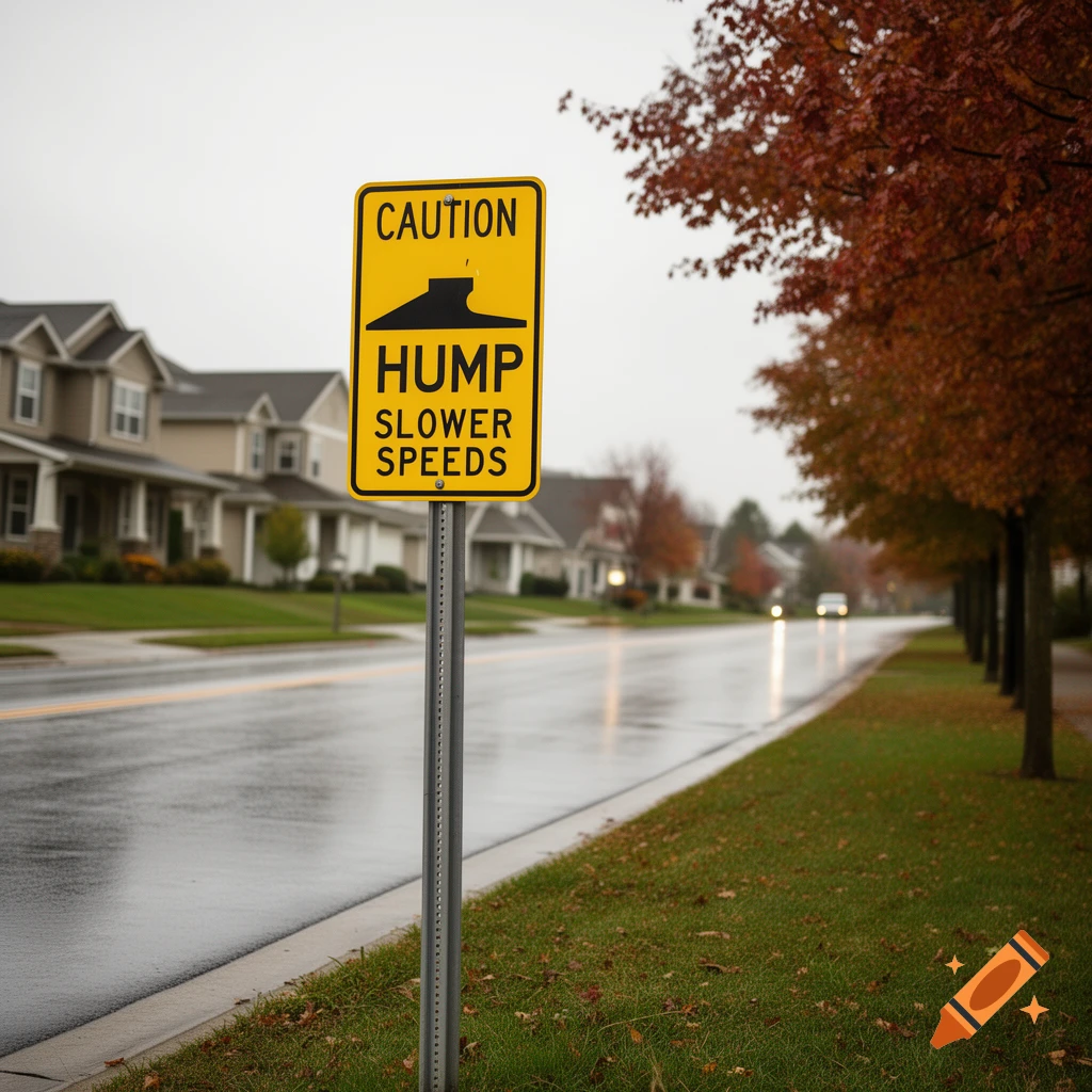 A yellow 'CAUTION HUMP SLOWER SPEEDS' road sign stands beside a wet residential street lined with houses and autumn trees.