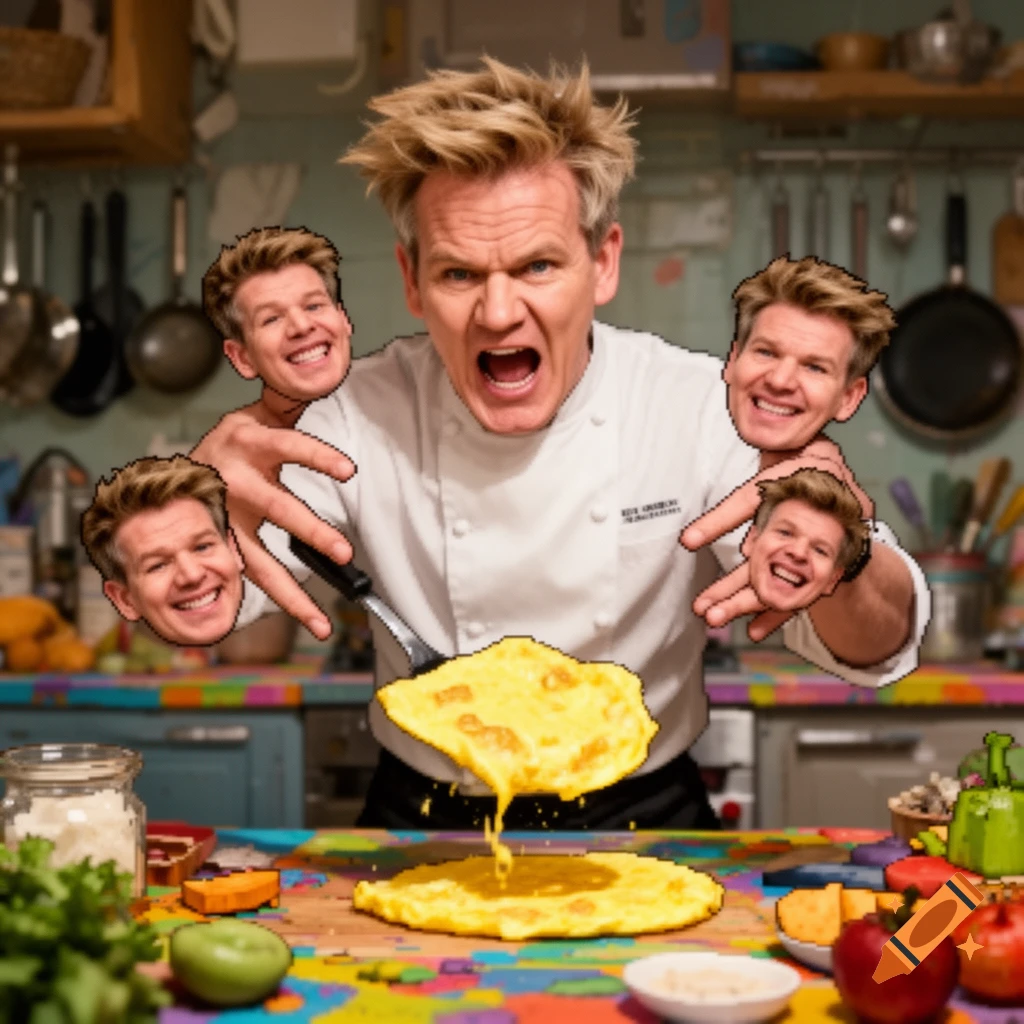 A distorted, angry Gordon Ramsay with extra fingers flips an omelette in a kitchen, his face appearing on various objects, in an early AI rendering style.