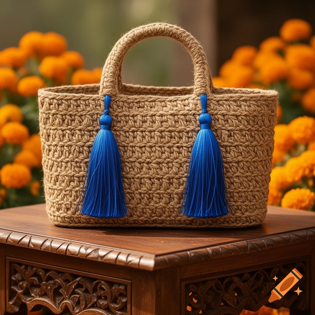 A hand-woven jute tote bag with bright blue silk tassels sits on a carved wooden table, with blurred orange flowers in the background.