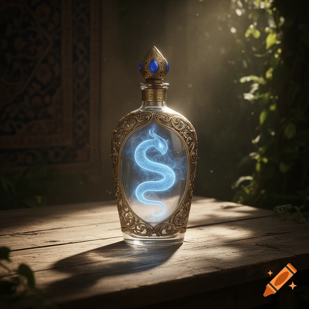 A mystical ornate glass bottle with gold trim and a blue gemstone stopper contains a glowing blue snake-like genie on a rustic wooden table.