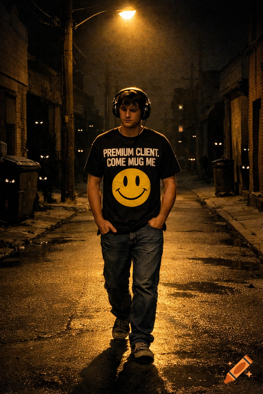 A man in headphones walks down a dark, wet alley under a street light, wearing a shirt with "PREMIUM CLIENT. COME MUG ME" and a smiley face, surrounded by glowing eyes in the shadows.