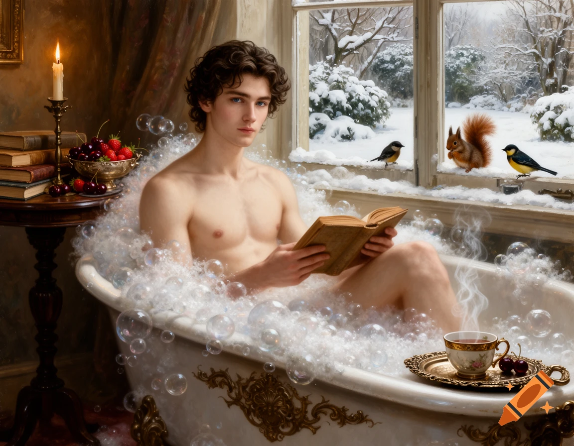 A young man with dark curly hair sits in a bubble bath, reading a book, with a snowy winter garden visible through a window.