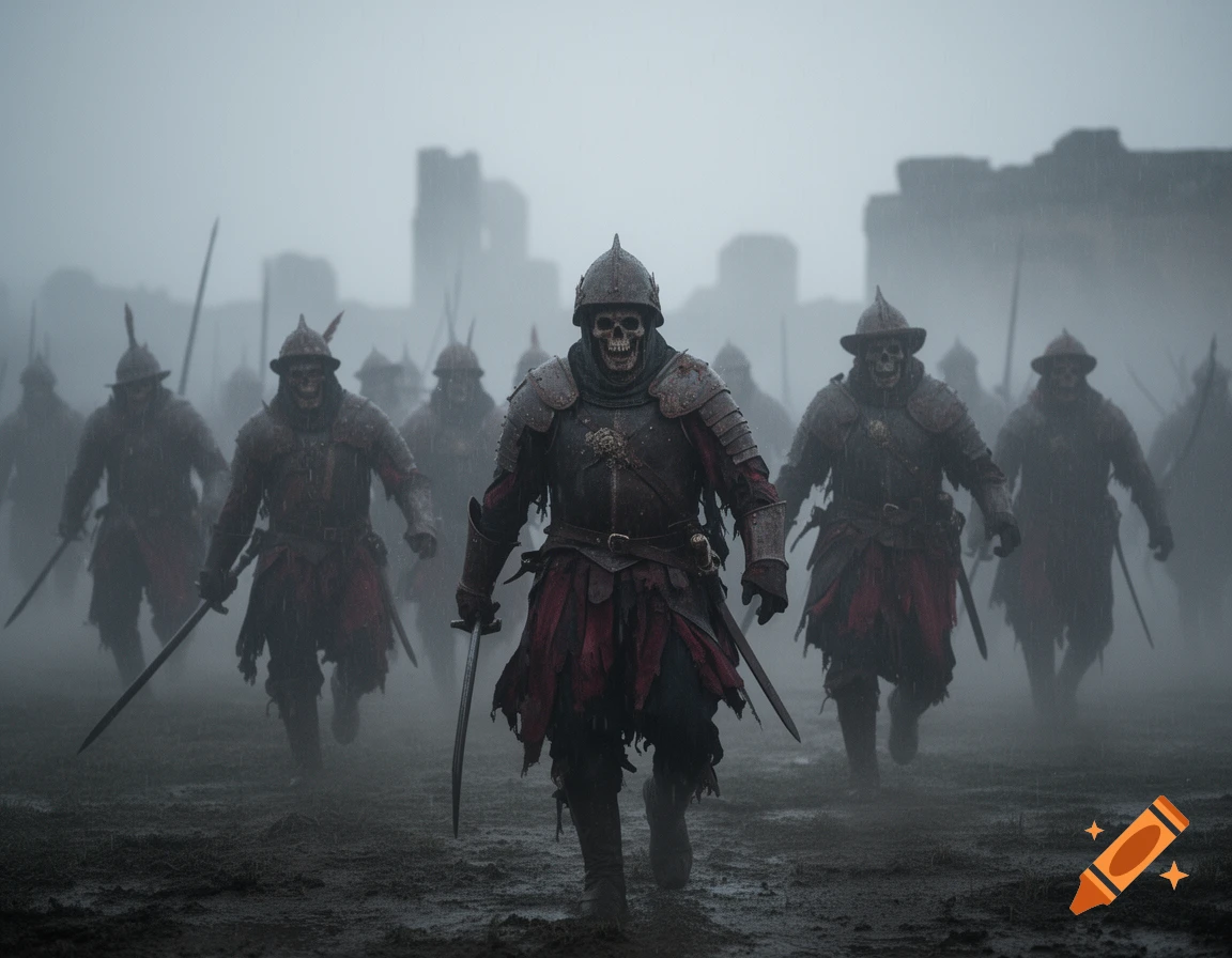 Undead soldiers with skull faces and tattered armor emerge from dense fog in a muddy field.