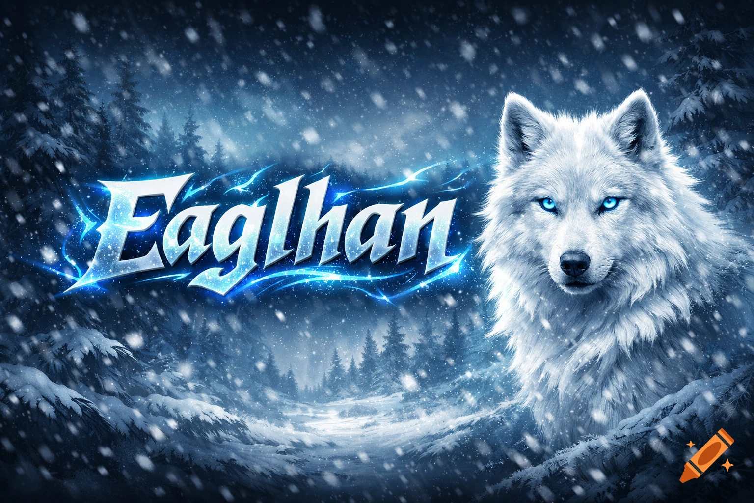 A majestic white wolf with piercing blue eyes stands in a snowy forest, with the stylized blue and white text "Eaglhan" glowing above it amidst falling snow.