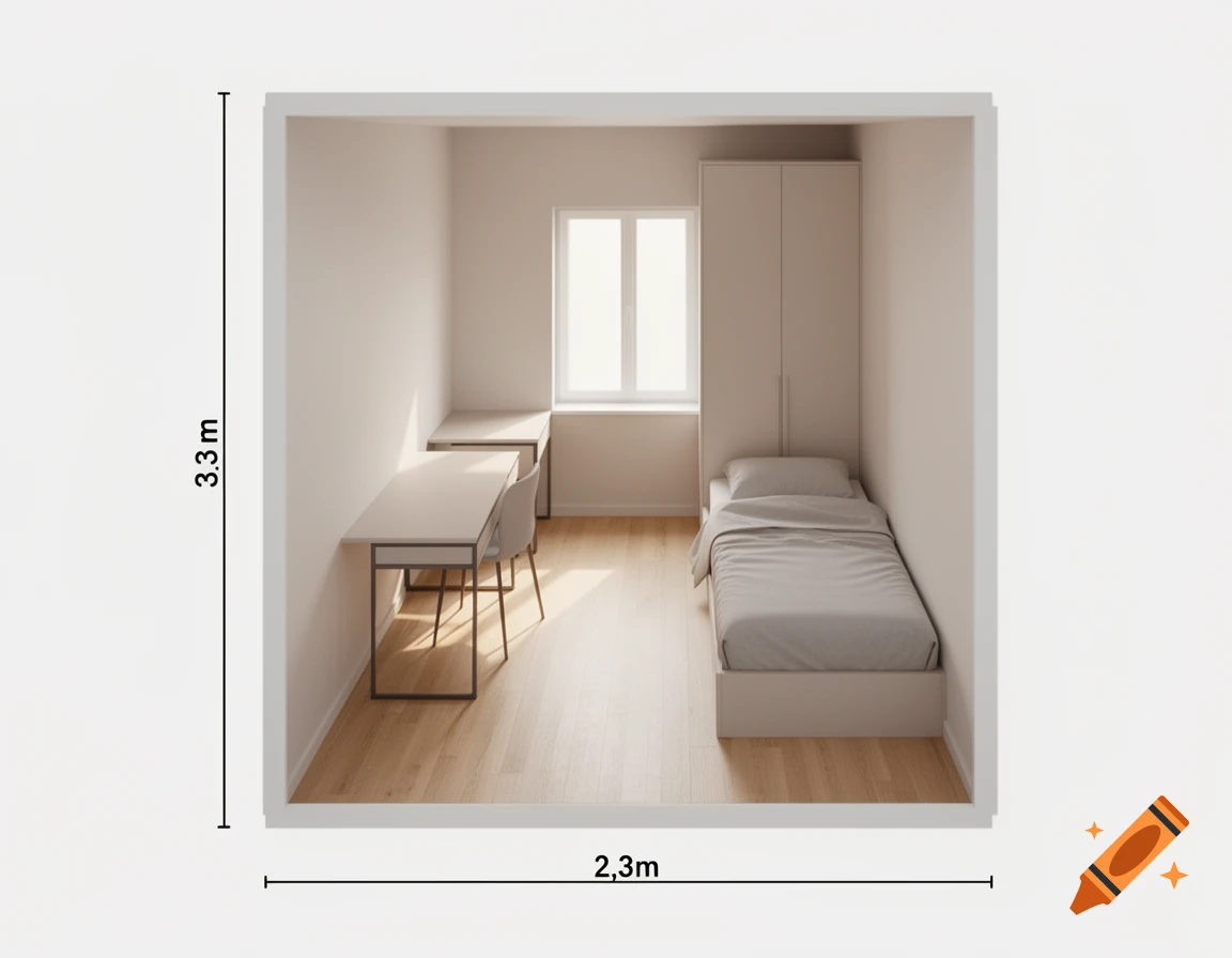 3D render of a small, minimalist bedroom with a bed, two desks, and a wardrobe, showing 3.3m by 2.3m dimensions.