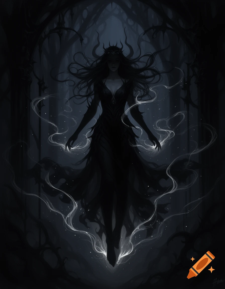 A dark, ethereal figure with a crown and flowing hair levitates in a gothic setting, emanating glowing tendrils, in a dark fantasy art style.