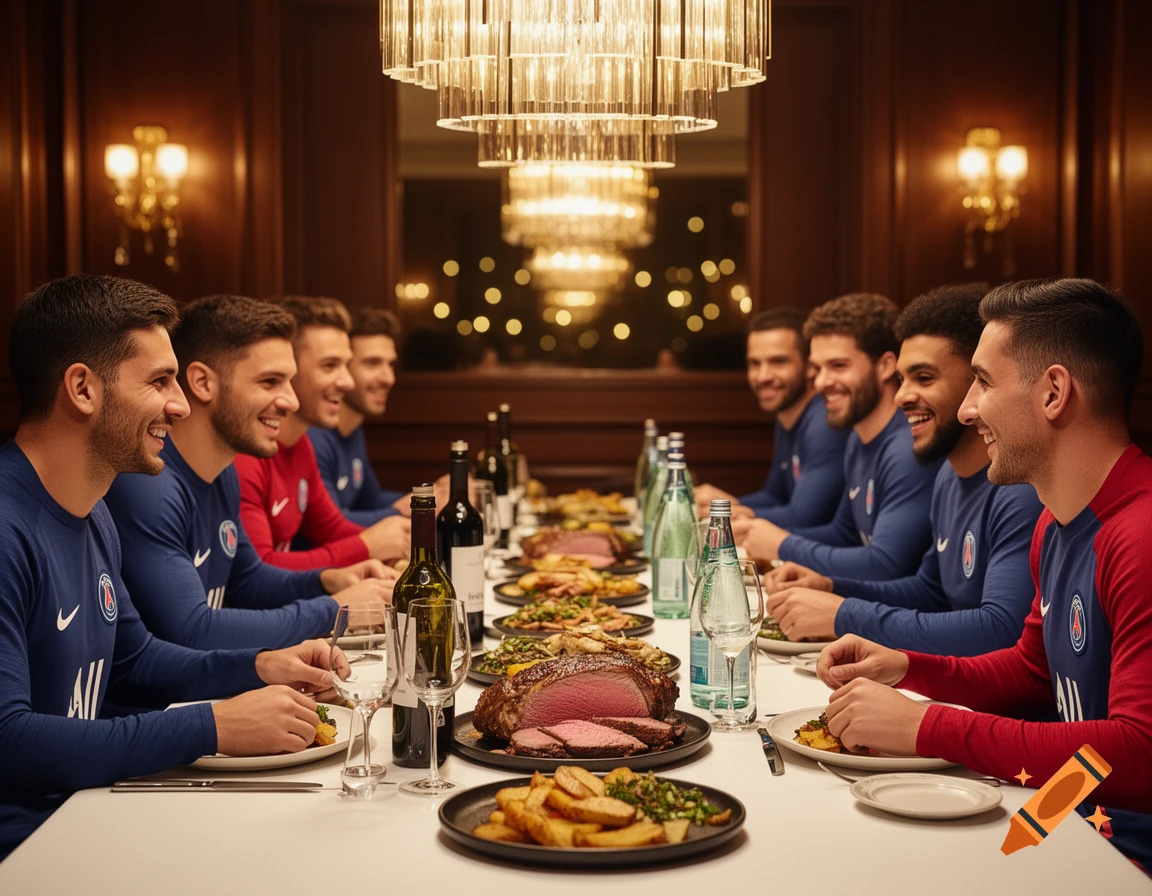 Photorealistic image of the PSG football team dining at a long table in an elegant room, eating roast beef and other dishes.