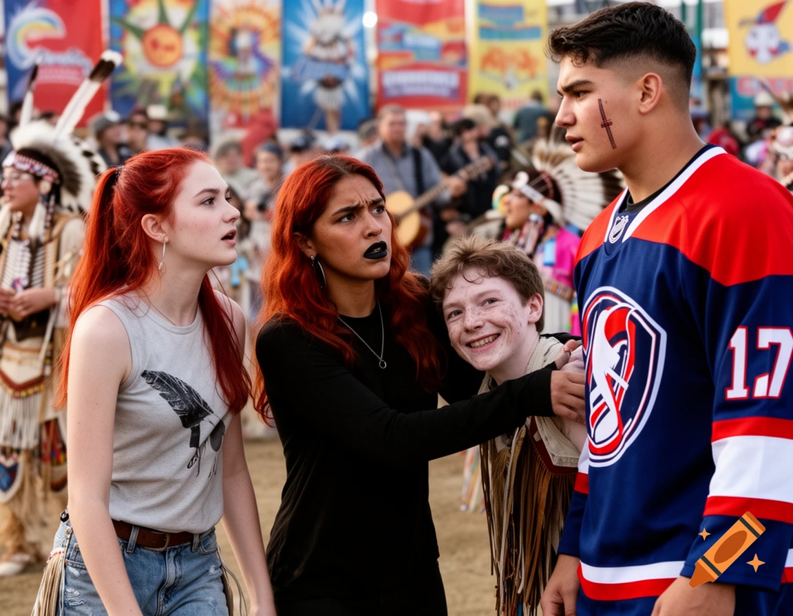 Four young people at a lively outdoor festival, with banners in the background. A girl in a black top shoves a boy while a girl in a grey tank top and a boy in a hockey jersey look on.