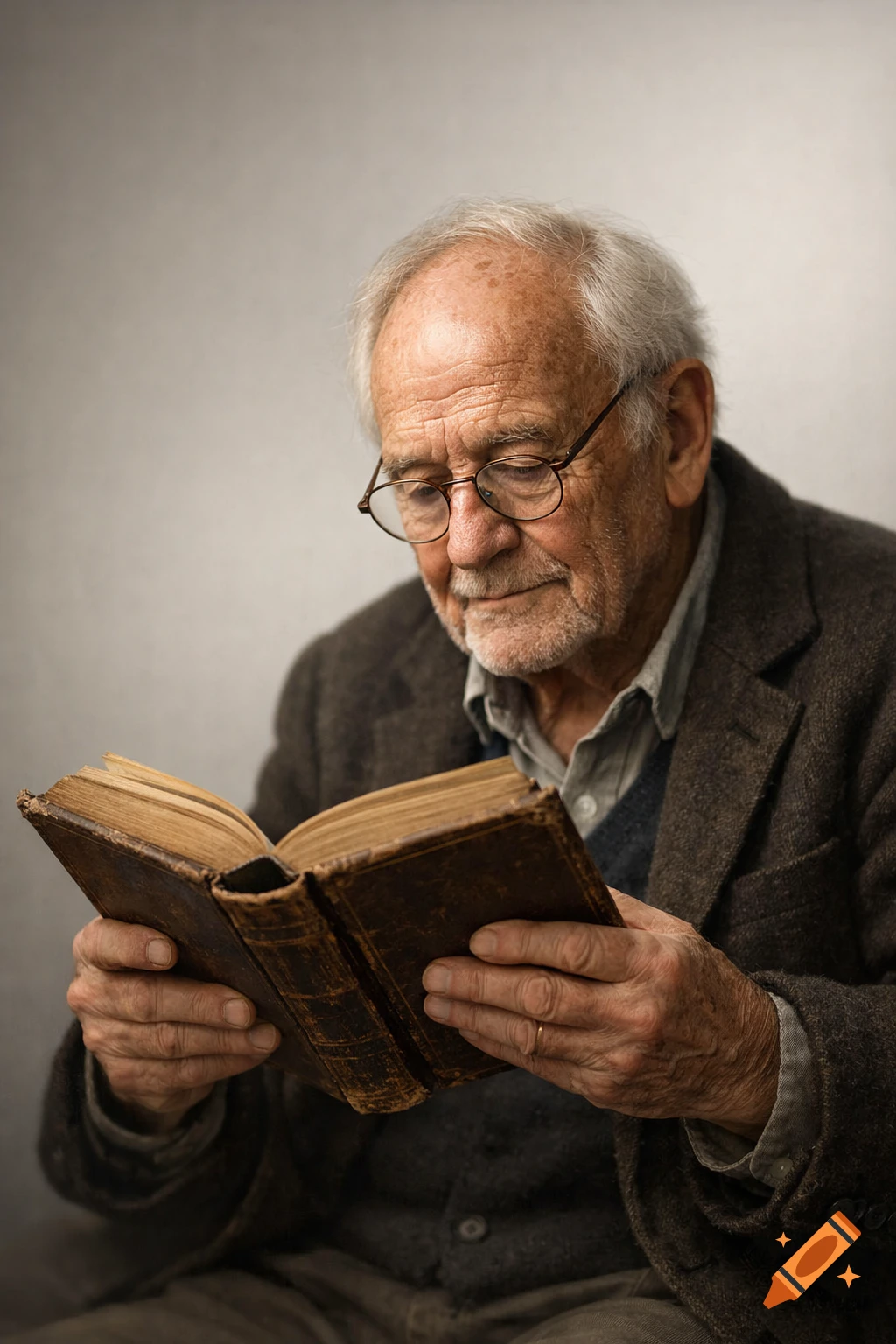 A close-up, photorealistic portrait of an elderly man with glasses, looking down as he reads an old, open book.
