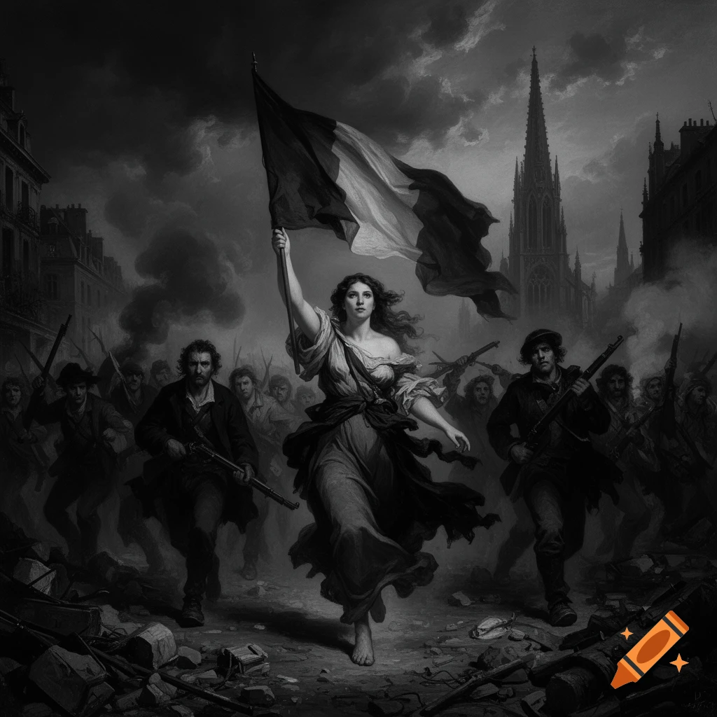 A monochromatic gothic-style painting of Liberty, bare-breasted, holding a flag and musket, leading revolutionaries through a smoke-filled street.