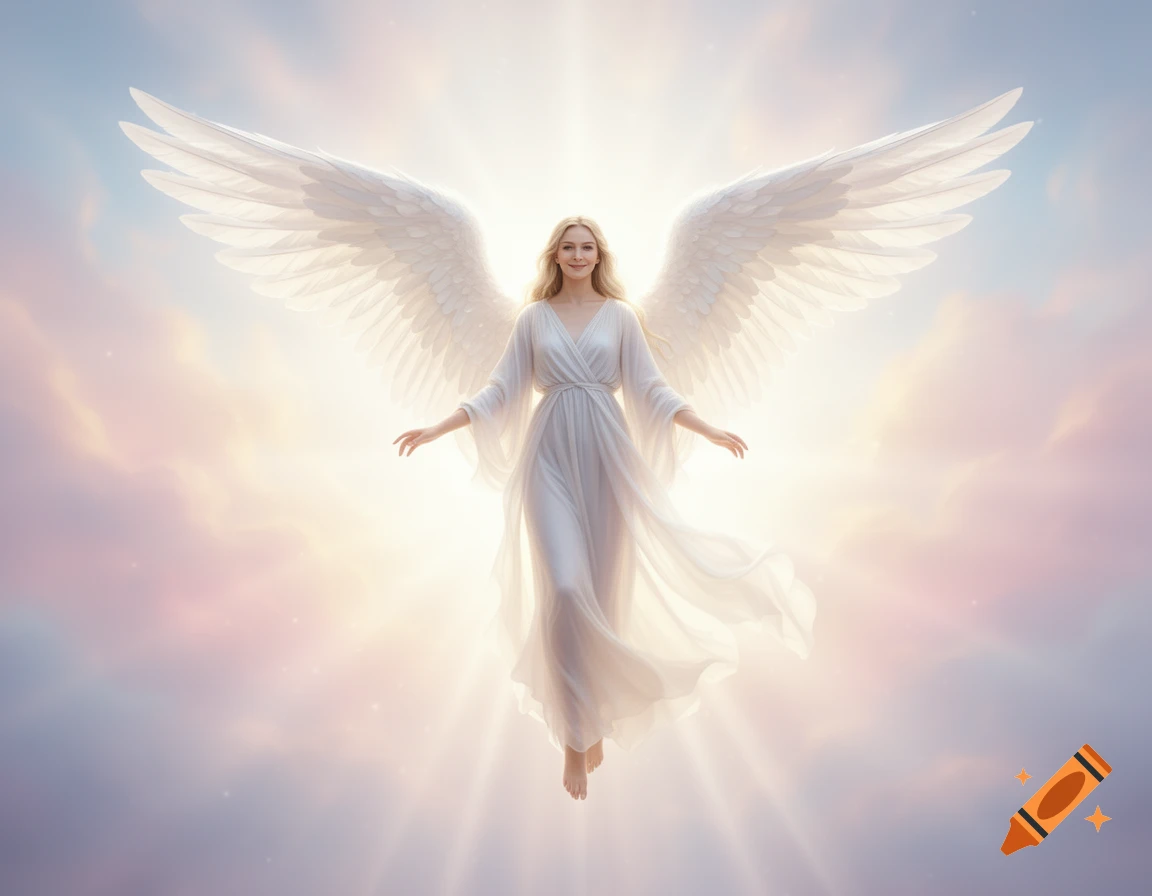 Beautiful blonde angel with large white wings, floating in a bright, ethereal sky with soft pink and blue clouds and radiating light.
