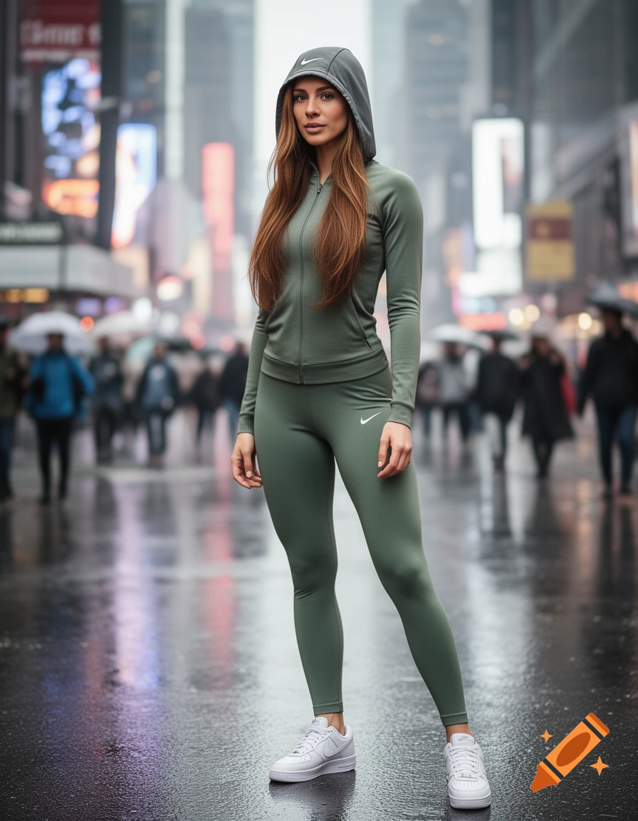 A woman in a green Nike tracksuit, hood up, and white sneakers stands on a wet city street with blurred buildings and people.