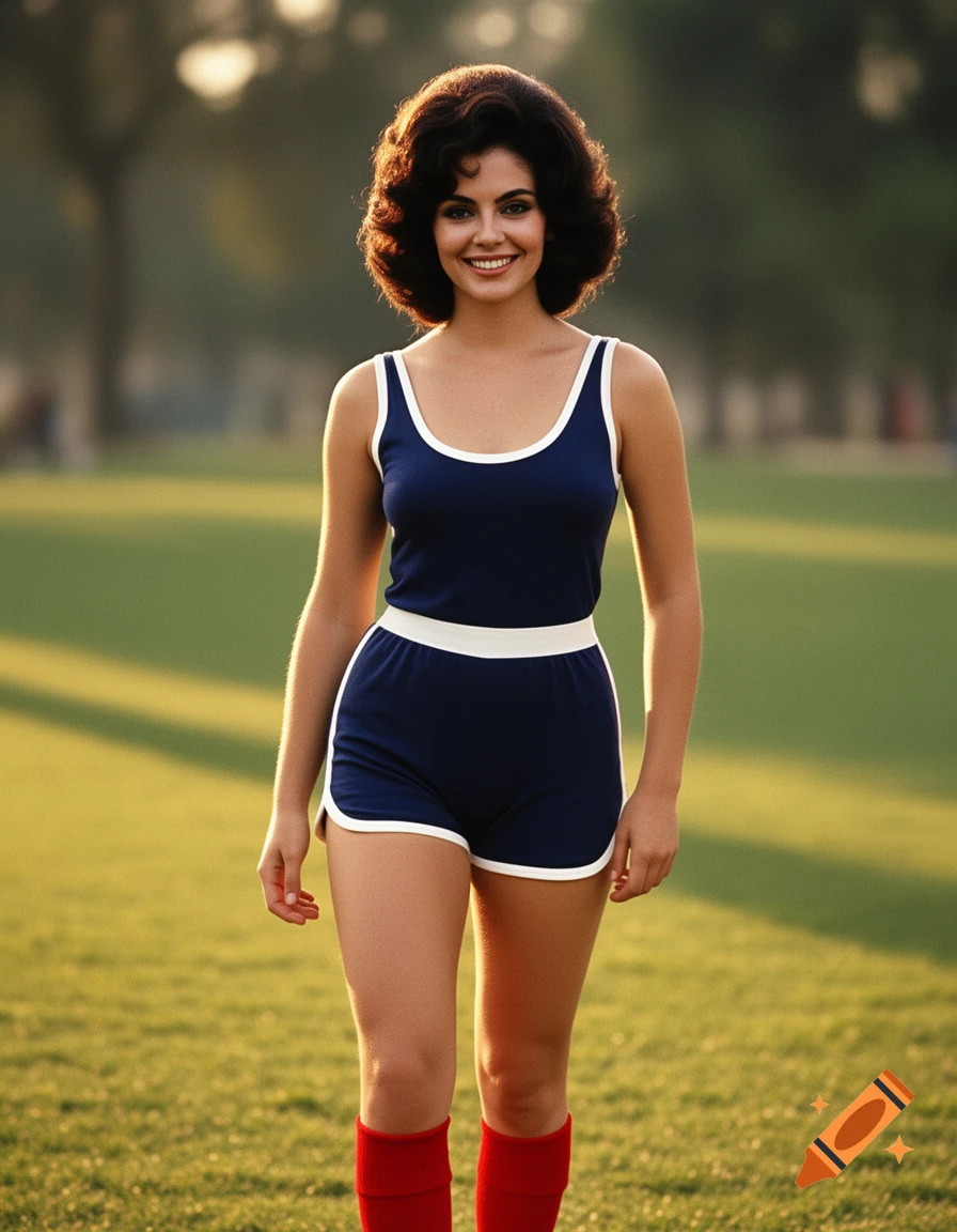 A smiling young woman in a blue tank top, blue dolphin shorts, and red tube socks stands on a grassy field.