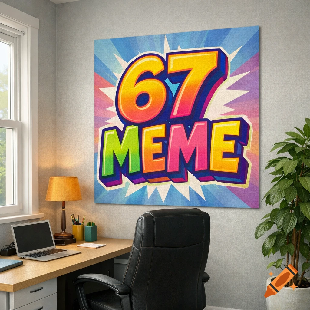 Vibrant '67 MEME' poster on a grey wall in a modern office with a wooden desk and window.