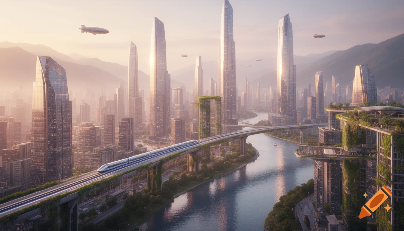 A high-angle view of a futuristic cityscape at sunrise, featuring towering skyscrapers, a river, an elevated train, and blimps.