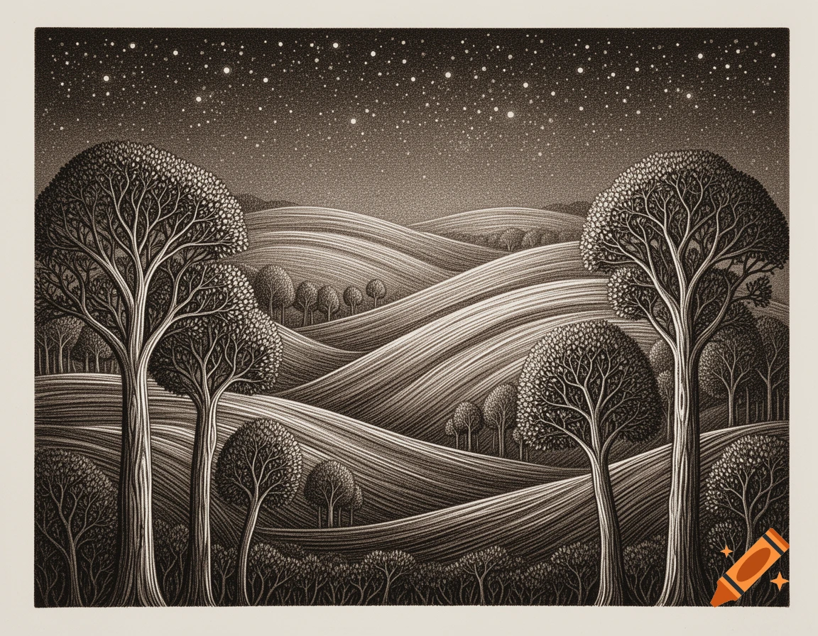 A detailed linocut illustration of a starry night over rolling hills and dense trees in sepia tones.