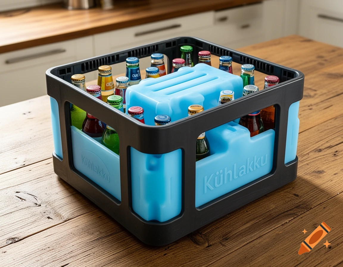 A black and blue beverage crate filled with assorted glass bottles and blue ice packs on a wooden kitchen counter.