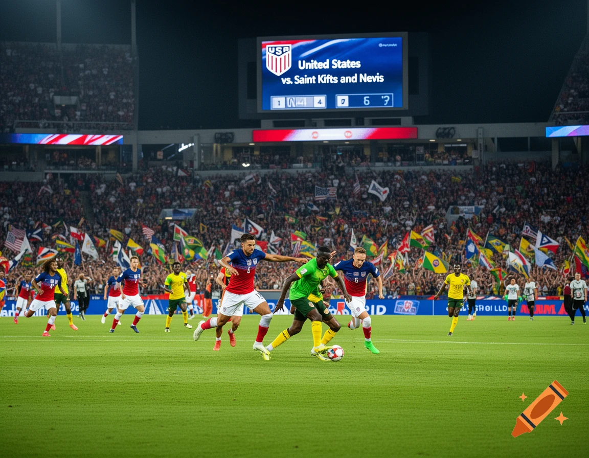 A vibrant, photorealistic image of a soccer match between the United States and Saint Kitts and Nevis in a packed stadium under night lights.