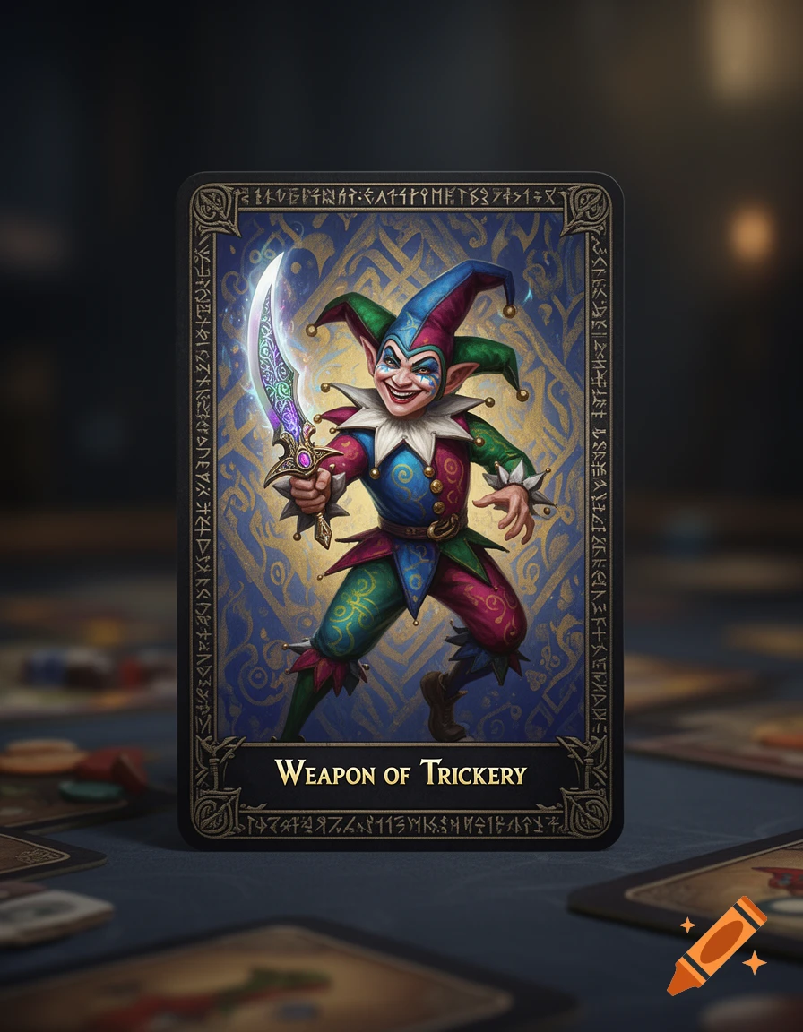 A jester character with a multi-colored outfit and a glowing curved dagger on a fantasy trading card, with "WEAPON OF TRICKERY" text.